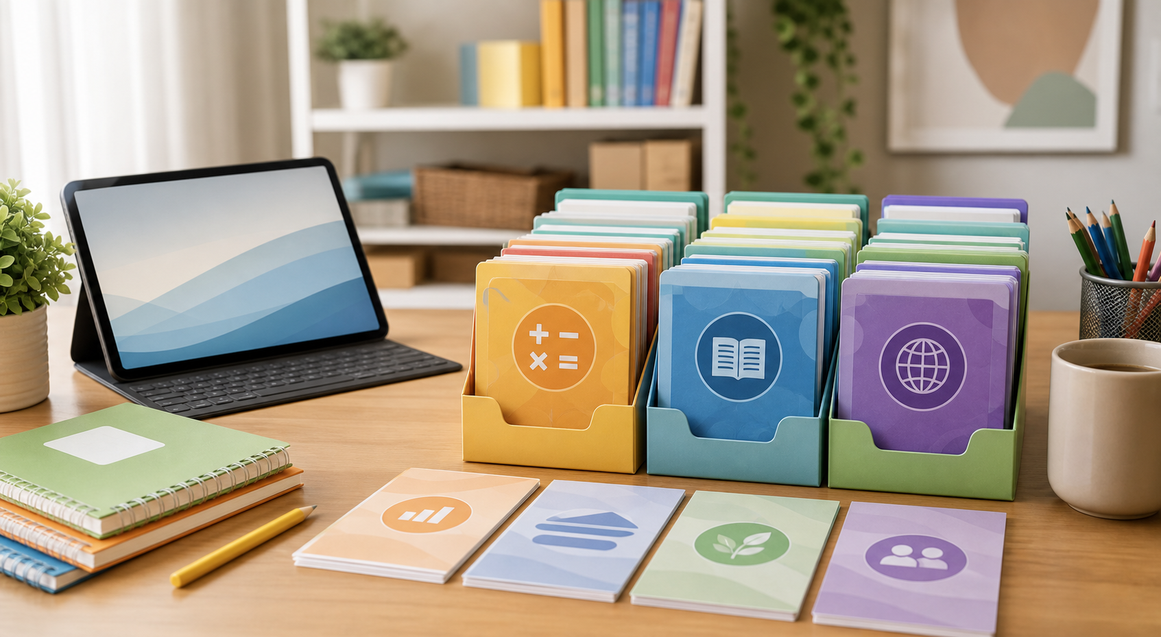 Organized learning pack cards for math, reading, science, and social studies