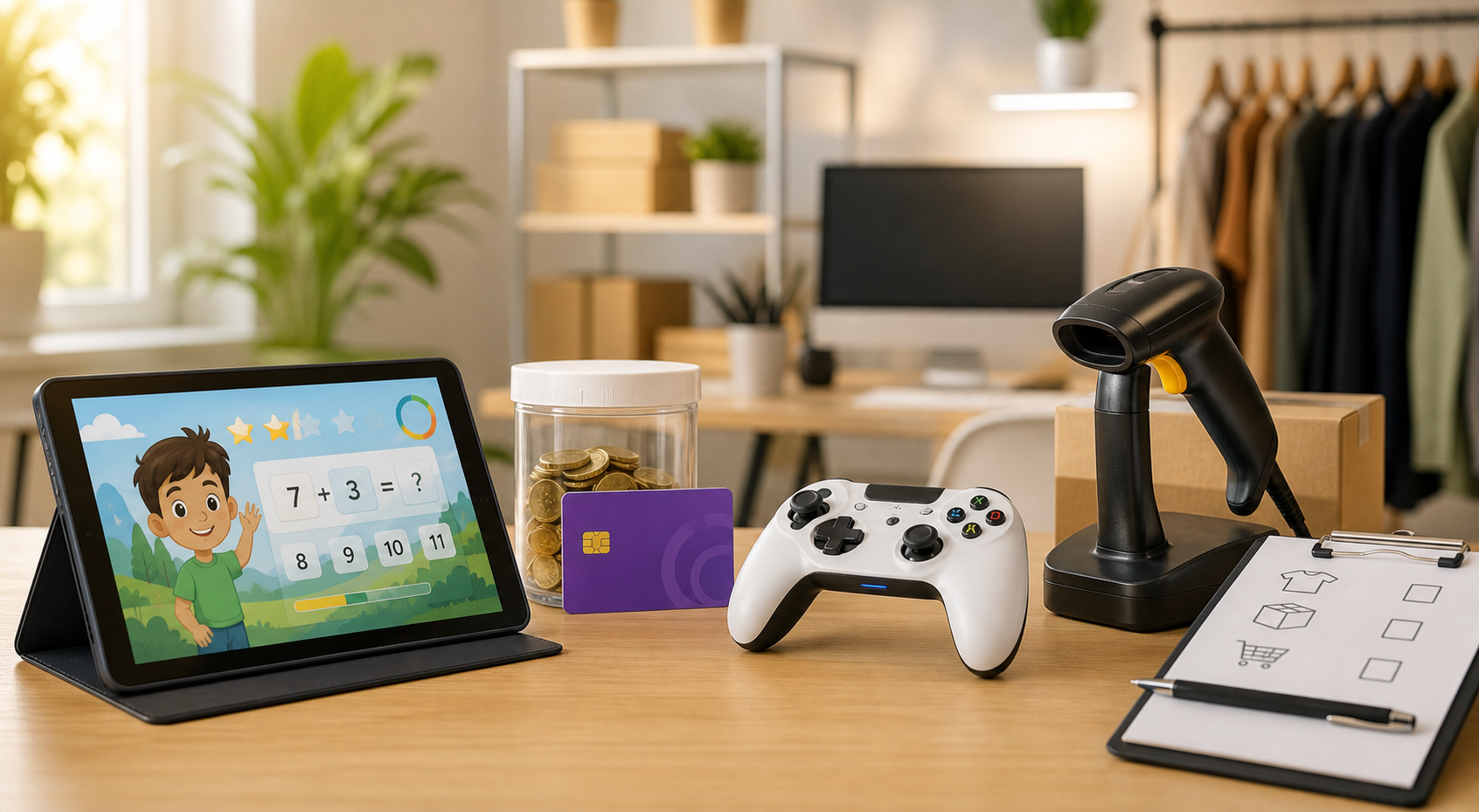 Learning tablet, savings jar, game controller, and retail checklist on a clean desk